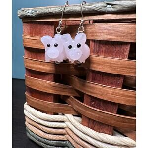 Glass Pink Pig Piggy Earrings with French Hooks Vintage Fashion Jewelry